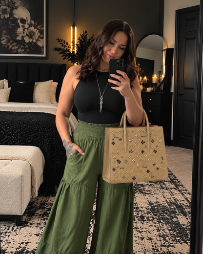 Tan Embellished Leather Tote Bag with Studded Monogram Details