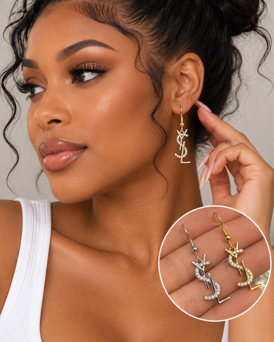 Women's Sparkling Crystal Monogram Drop Earrings – Gold & Silver