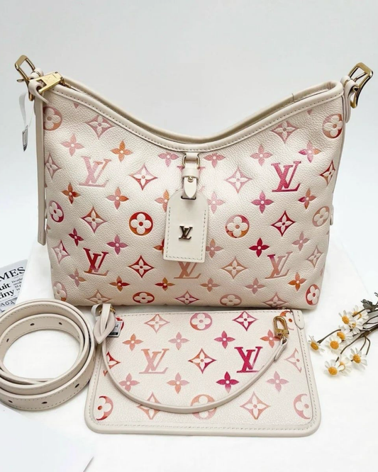 Cream Multicolor Monogram Hobo Shoulder Bag with Matching Pouch