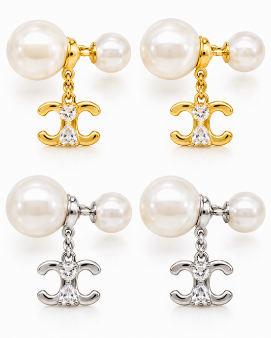 Double Pearl Crystal Charm Drop Earrings