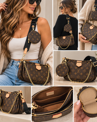Monogram Triple-Zip Crossbody Bag with Matching Coin Pouch – Ready to Ship