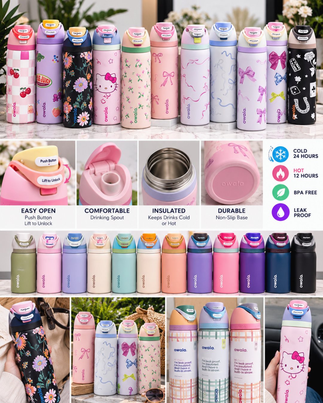 FreeSip Insulated Stainless Steel Water Bottles – 24oz & 32oz | Trendy Colors & Prints