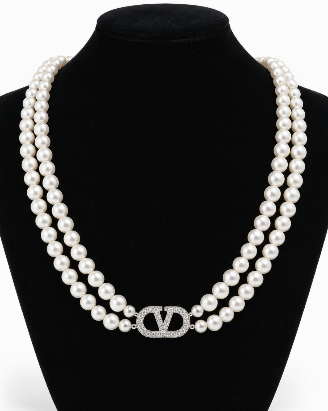 Elegant Double-Strand Pearl Necklace with Crystal Accent