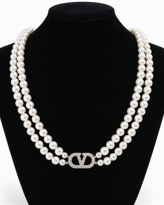Elegant Double-Strand Pearl Necklace with Crystal Accent