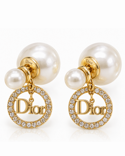 Elegant Double Pearl Crystal Circle Drop Earrings