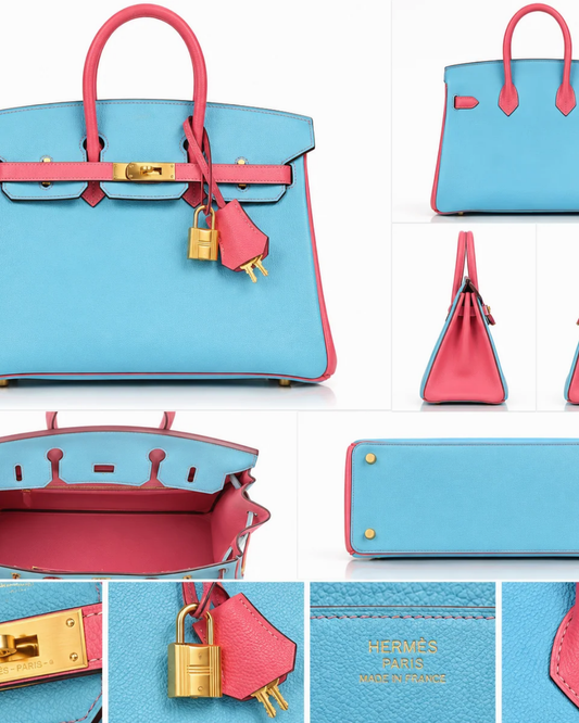 Celeste Blue & Rose Pink Leather Top Handle Satchel Bag with Gold Hardware