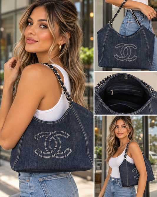 Women's Oversized Denim Hobo Shoulder Bag with Chain Strap – Dark Blue