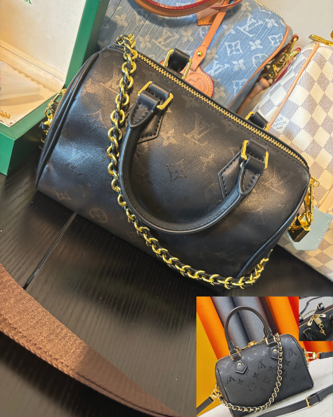 Black Monogram Embossed Boston Satchel Bag with Gold Chain