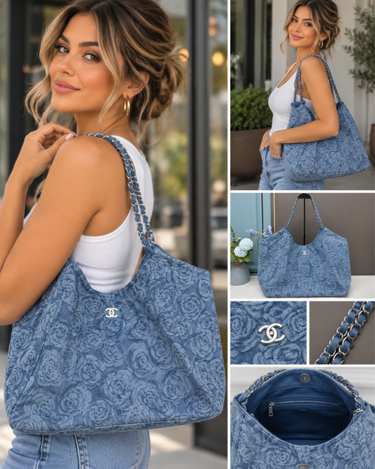Women's Oversized Floral Denim Hobo Shoulder Bag with Chain Strap – Blue