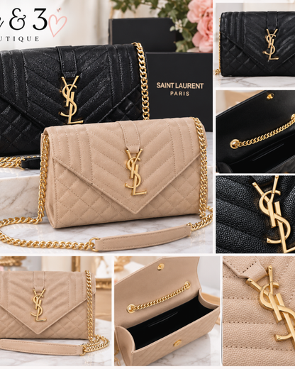 Quilted Envelope Crossbody Bag – Gold Chain Strap | Black & Beige