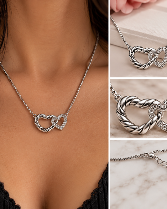 Intertwined Hearts Silver-Tone Necklace – Twisted & Sparkling Heart Pendant