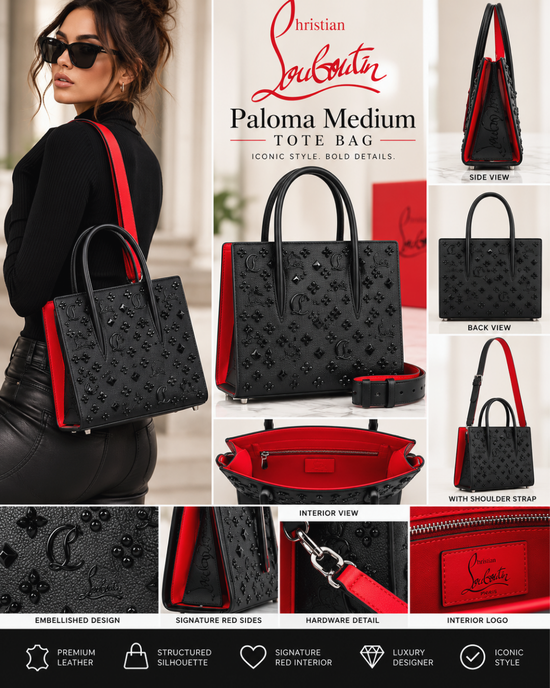 Paloma Medium Tote Bag – Black Monogram Leather with Red Accents