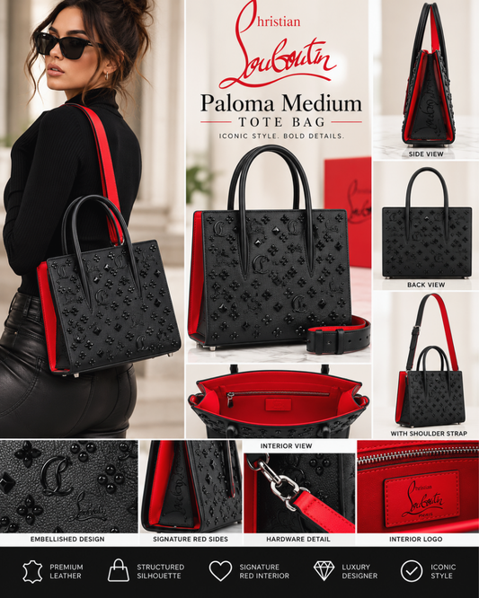 Paloma Medium Tote Bag – Black Monogram Leather with Red Accents