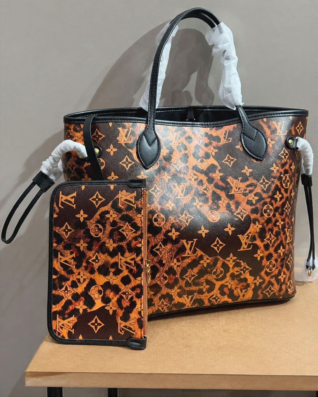 Leopard Monogram Tote Bag & Matching Pouch Set
