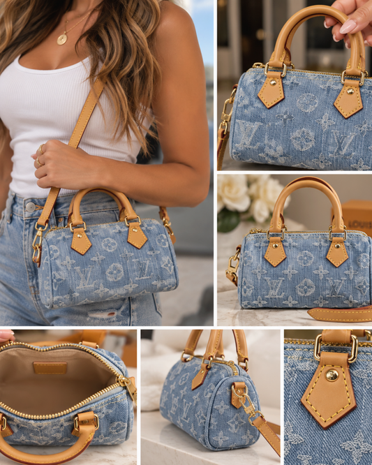 Mini Denim Monogram Speedy-Style Handbag – Light Blue