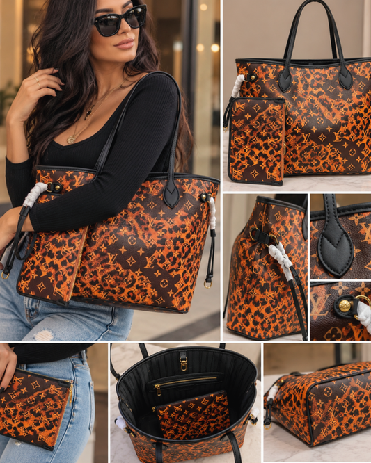 Leopard Monogram Tote Bag & Matching Pouch Set