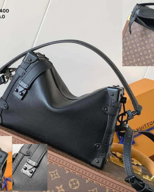 Black Pebbled Hobo Shoulder Bag – Trunk-Style Hardware & Crossbody Strap