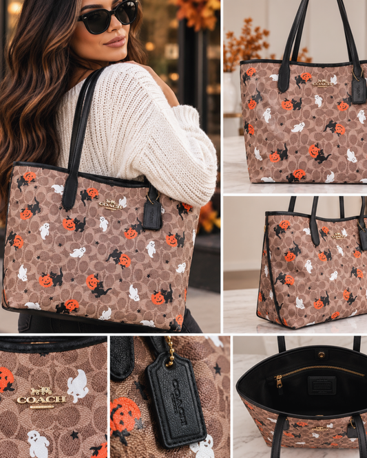 Coach Halloween Ghost, Pumpkin & Black Cat Tote Bag
