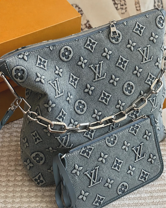 Denim Monogram Hobo Shoulder Bag – Silver-Tone Chain & Matching Pouch