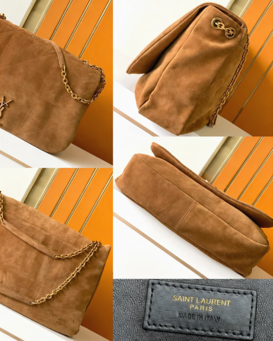 Caramel Brown Quilted Suede-Look Shoulder Bag – Gold-Tone Chain