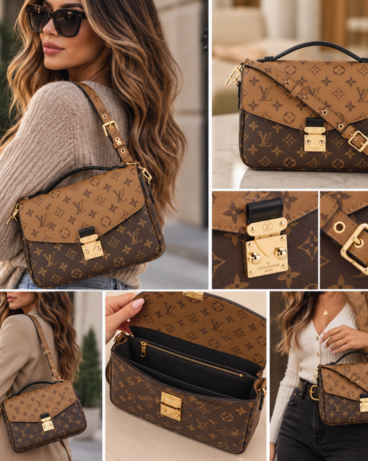 Two-Tone Monogram Satchel Crossbody Bag – Tan & Brown with Gold-Tone Clasp