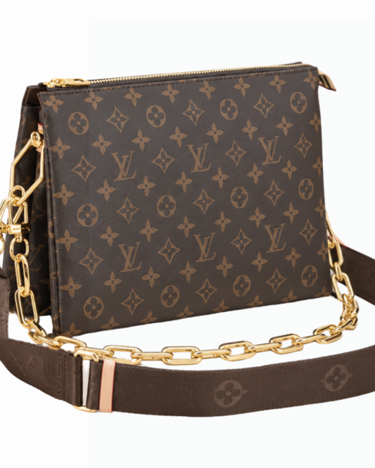 Chocolate Brown Monogram Crossbody Bag – Gold-Tone Chain & Wide Strap