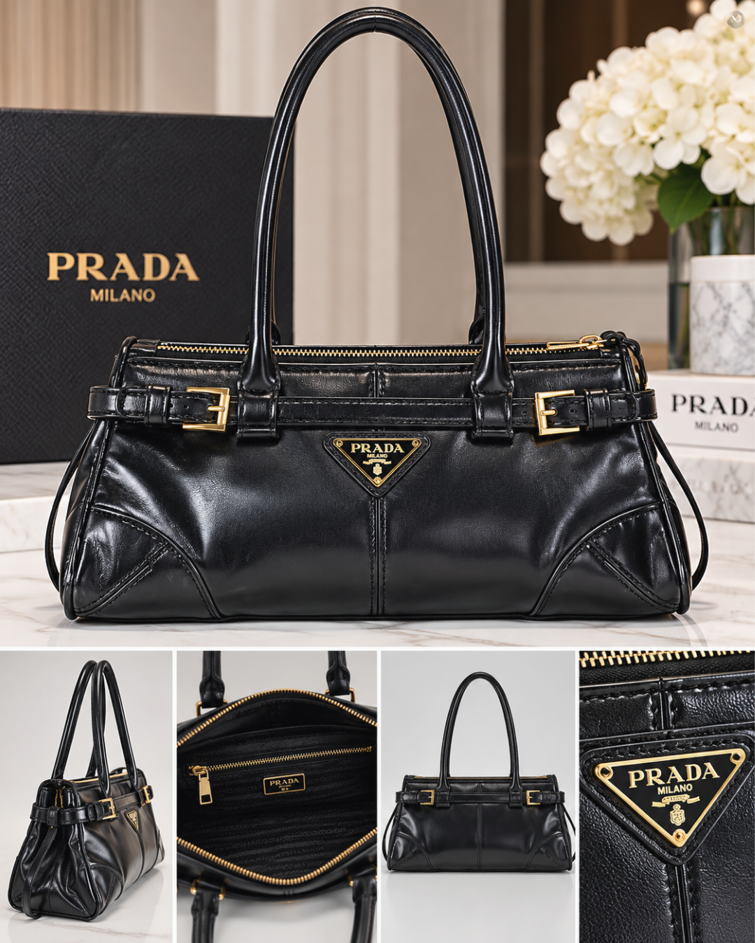 Black Glossy Shoulder Bag – Gold Hardware