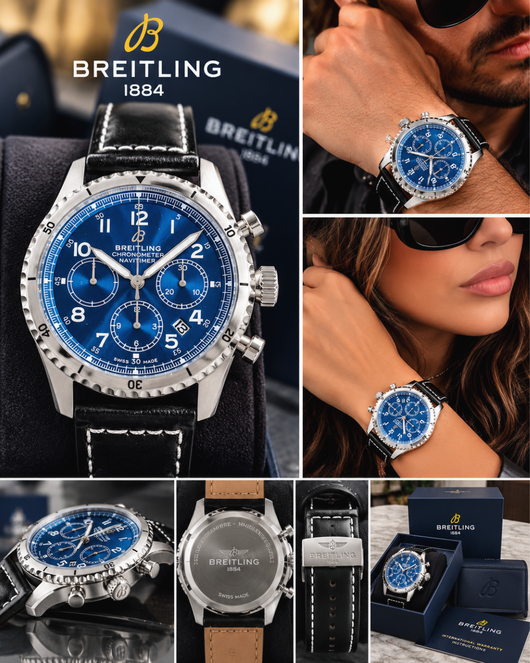 Blue Dial Chronograph Watch – Black Leather Strap