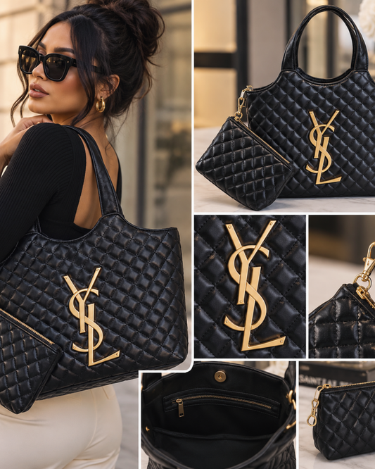 Black Quilted Tote Bag with Matching Pouch