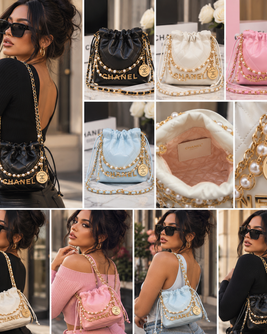 Quilted Drawstring Bucket Bag – Pearl & Gold Chain Detail | 4 Colors