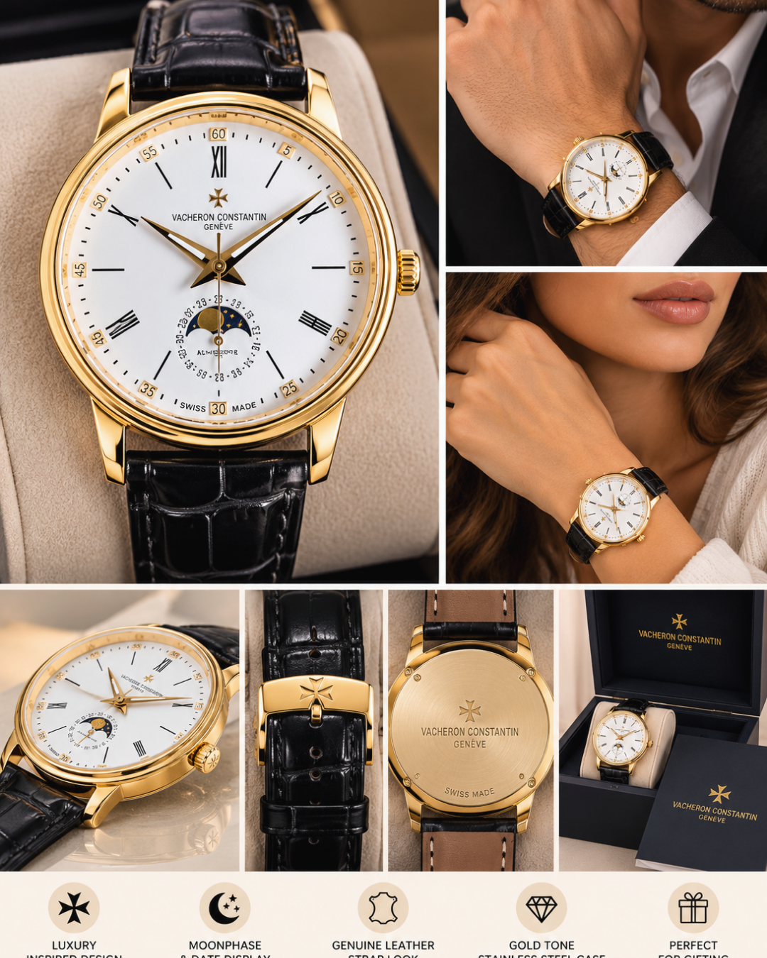 Gold Moonphase Watch – Black Strap
