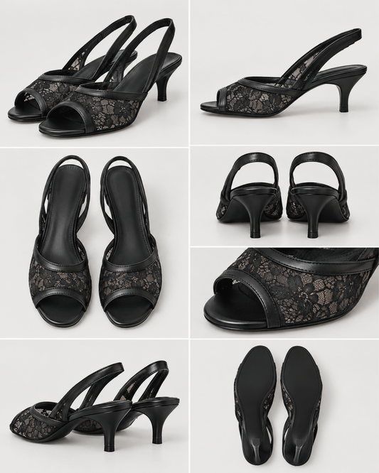 Black Floral Lace Open Toe Slingback Kitten Heel Sandals