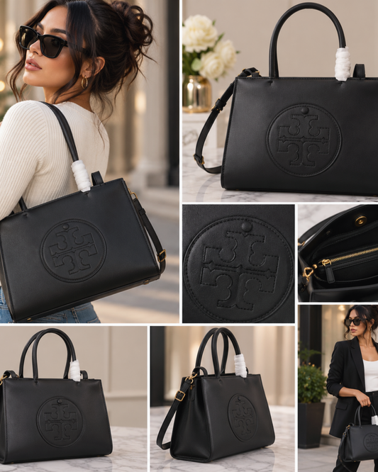 Black Embossed Logo Structured Tote Bag – Top Handle & Shoulder Strap