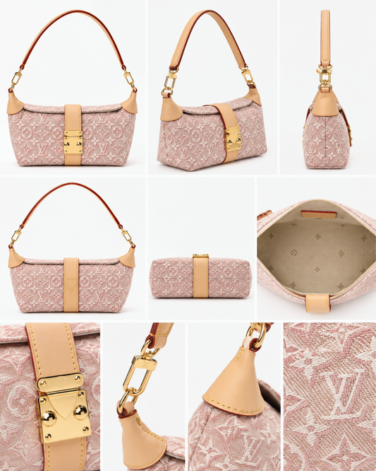 Pink Monogram Jacquard Shoulder Bag with Tan Leather Trim & Gold Hardware
