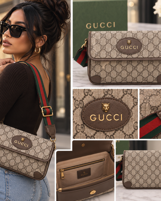 Beige Monogram Flap Crossbody Bag – Brown Trim & Striped Strap