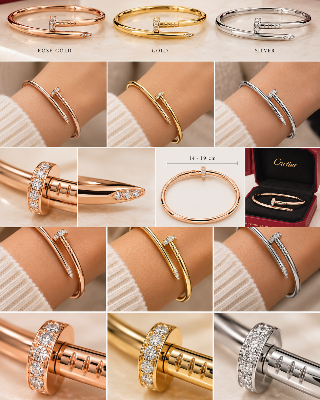 Diamond Accent Nail Cuff Bangle Bracelet – Gold, Silver & Rose Gold