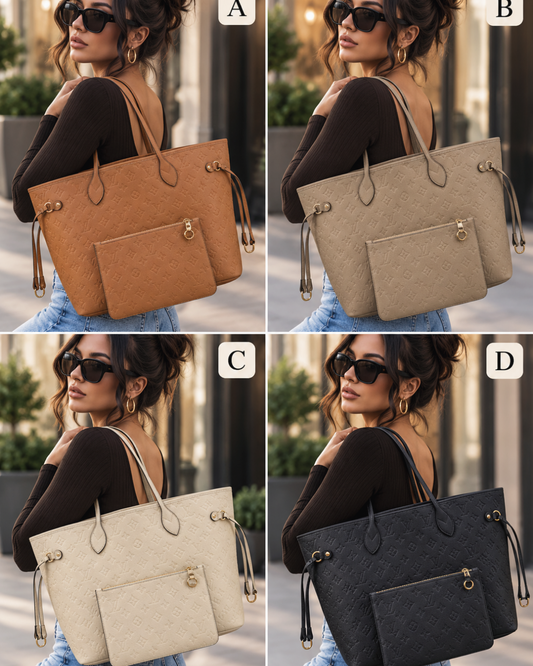 Embossed Monogram Tote Bag with Matching Wristlet – 4 Colors