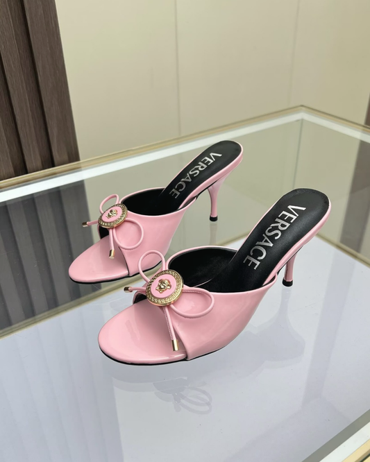 Pink Open-Toe Bow Detail Stiletto Heel Mules