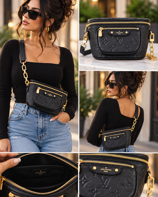 Mini Embossed Monogram Crossbody Bag – Black & Gold