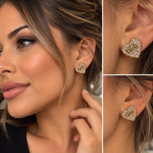 Gold Crystal Heart Stud Earrings