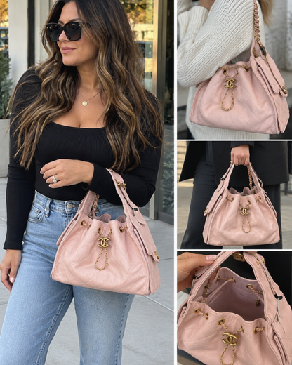 Blush Pink Quilted Drawstring Bucket Shoulder Bag with Gold Chain Accents