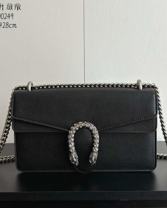 Black Dionysus-Style Chain Shoulder Bag – Crystal-Embellished Clasp | 28cm