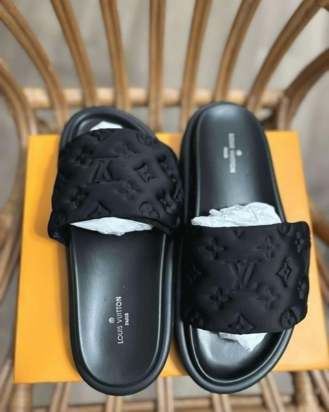 Black Embossed Monogram Padded Slide Sandals