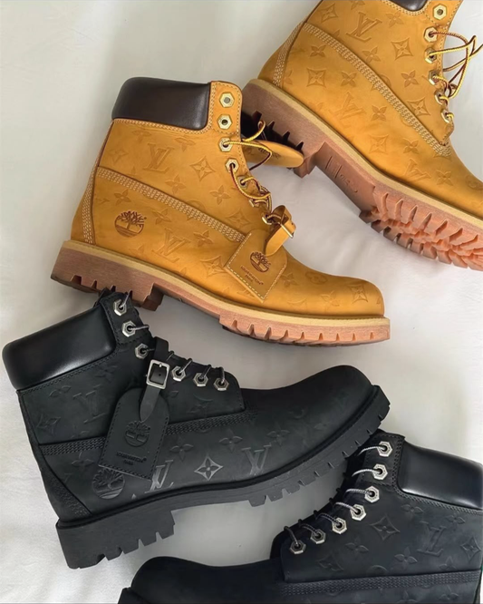 Luxury Monogram Embossed 6-Inch Lace-Up Boots – Wheat & Black