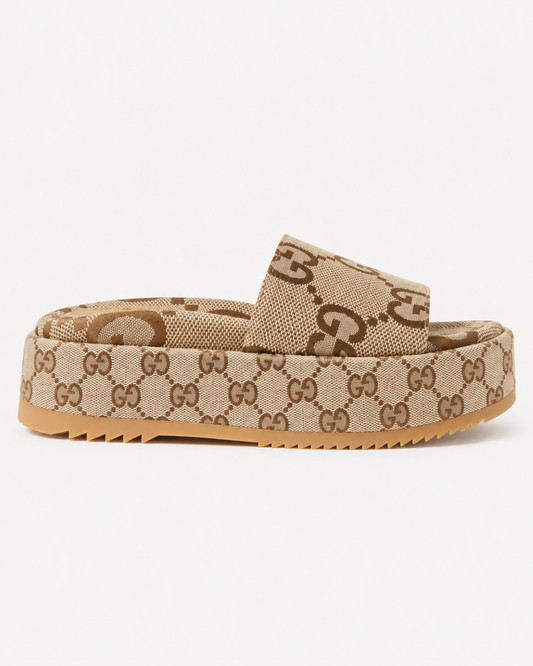 Beige Monogram Platform Slide Sandals