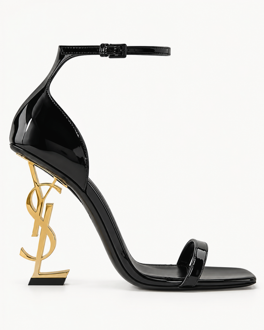 Black Patent Leather Sculptural Gold Heel Sandals