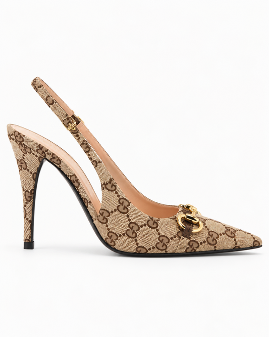 Beige Monogram Horsebit Pointed-Toe Slingback Heels