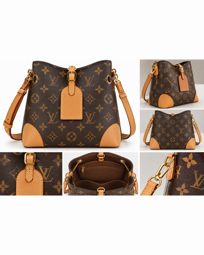 Monogram Bucket Bag with Tan Leather Trim & Adjustable Shoulder Strap