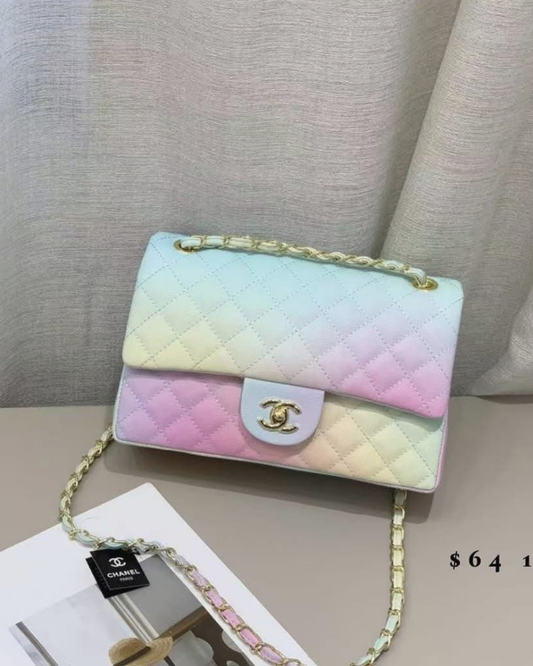 Pastel Rainbow Quilted Flap Shoulder Bag – Gold-Tone Chain Strap