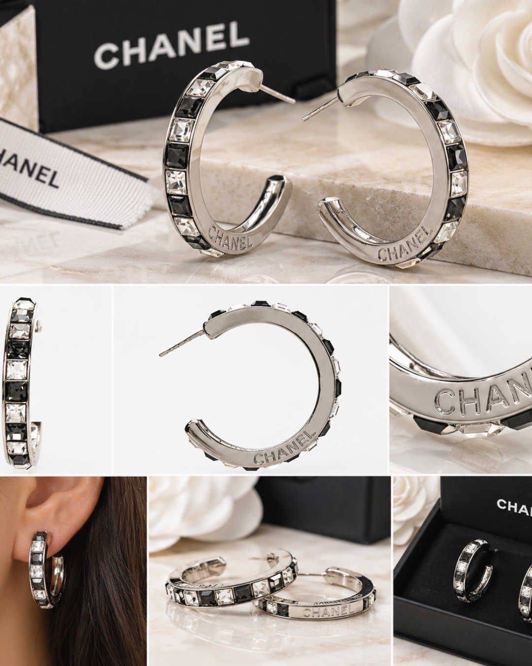 Black & Clear Crystal Silver-Tone Hoop Earrings